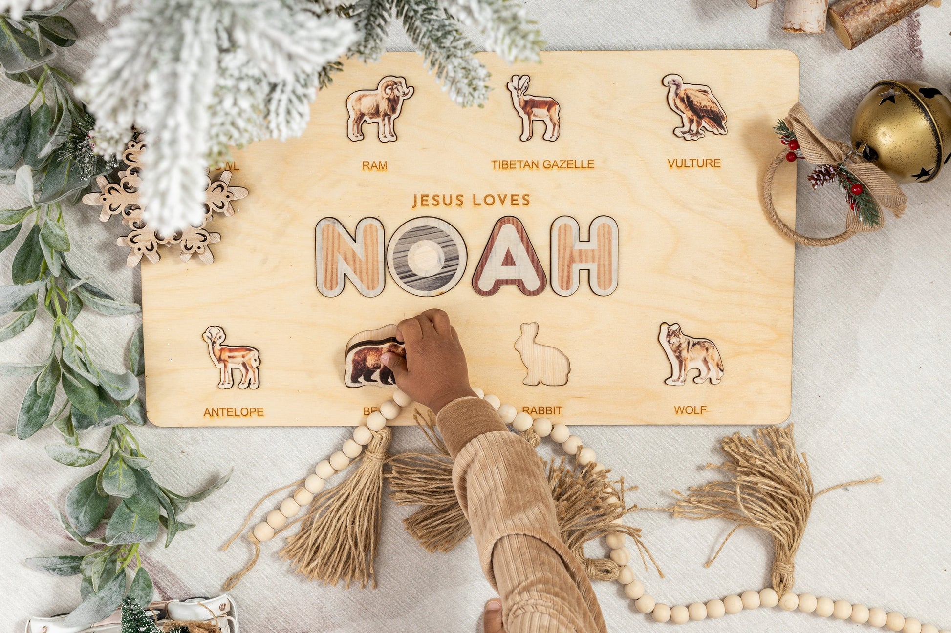 Personalized Name Puzzle with Mountain Animals - Baby Gift - Christian Nursery Decor - Christmas Baby Gift - Bible Promise - Boho Home Decor