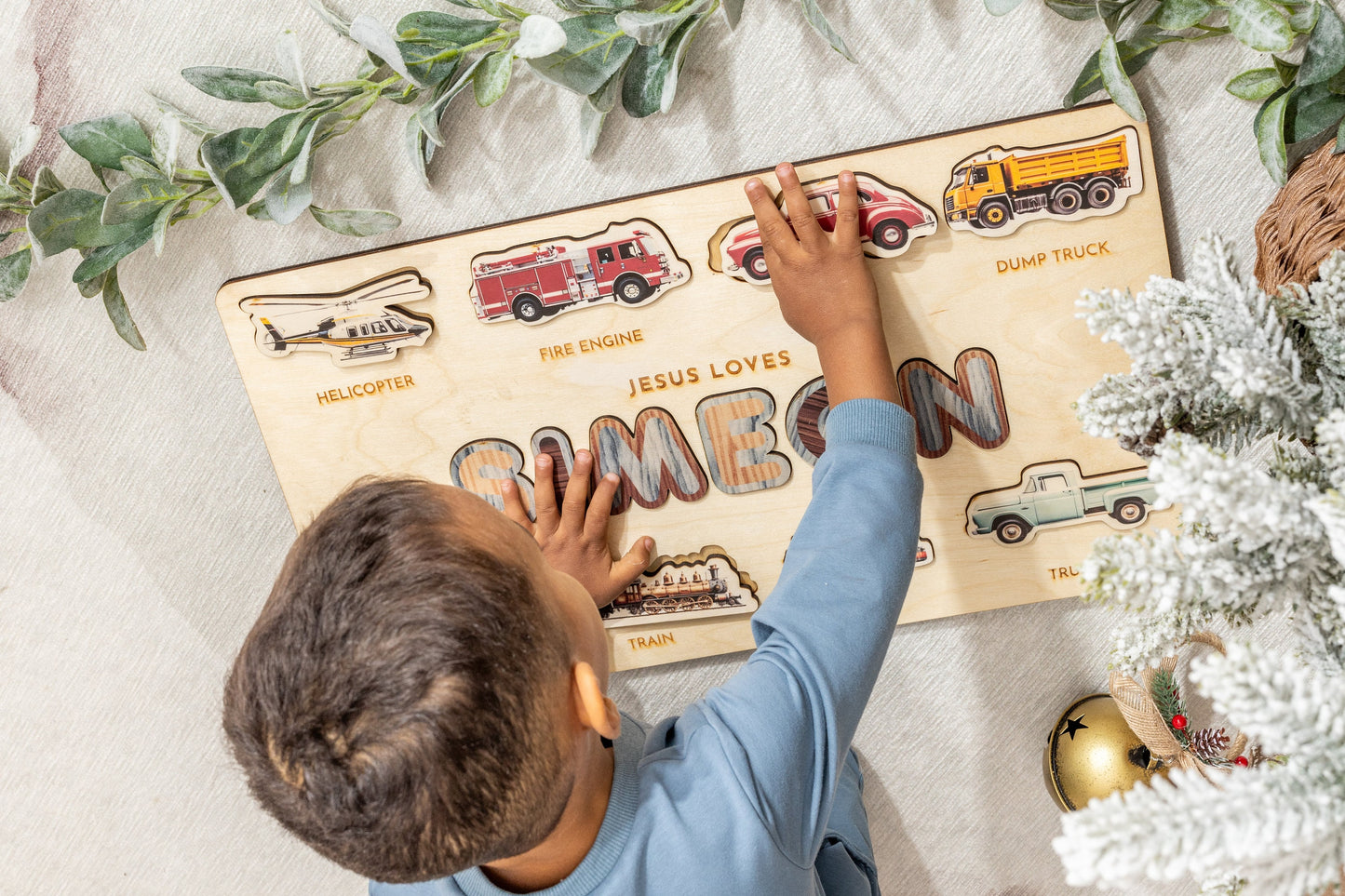 Personalized Name Puzzle with Train Ship and Trucks - Baby Boy 1st Birthday Gift - Christmas Baby Gift - Christian Gift - Boho Home Decor